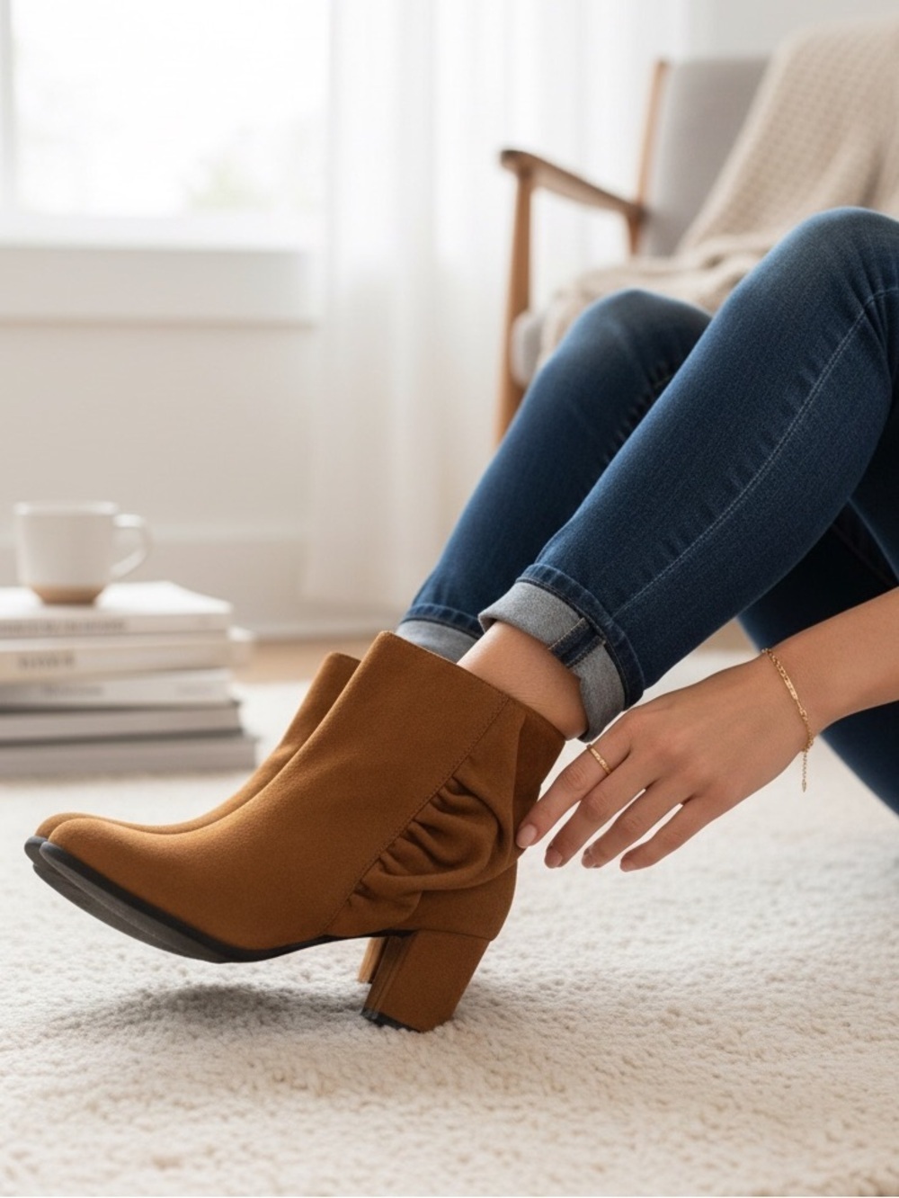 Women’s Boots Stomp Bootie High Heel Ankle Boots Tan Ruffle Zipper Size-6 NWT